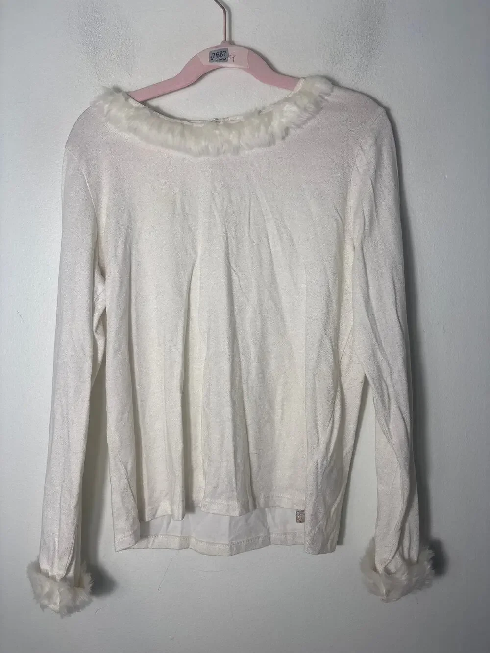 Girls Billie Blush Off White Fur Trimmed Long Sleeve Shirt Sz 10